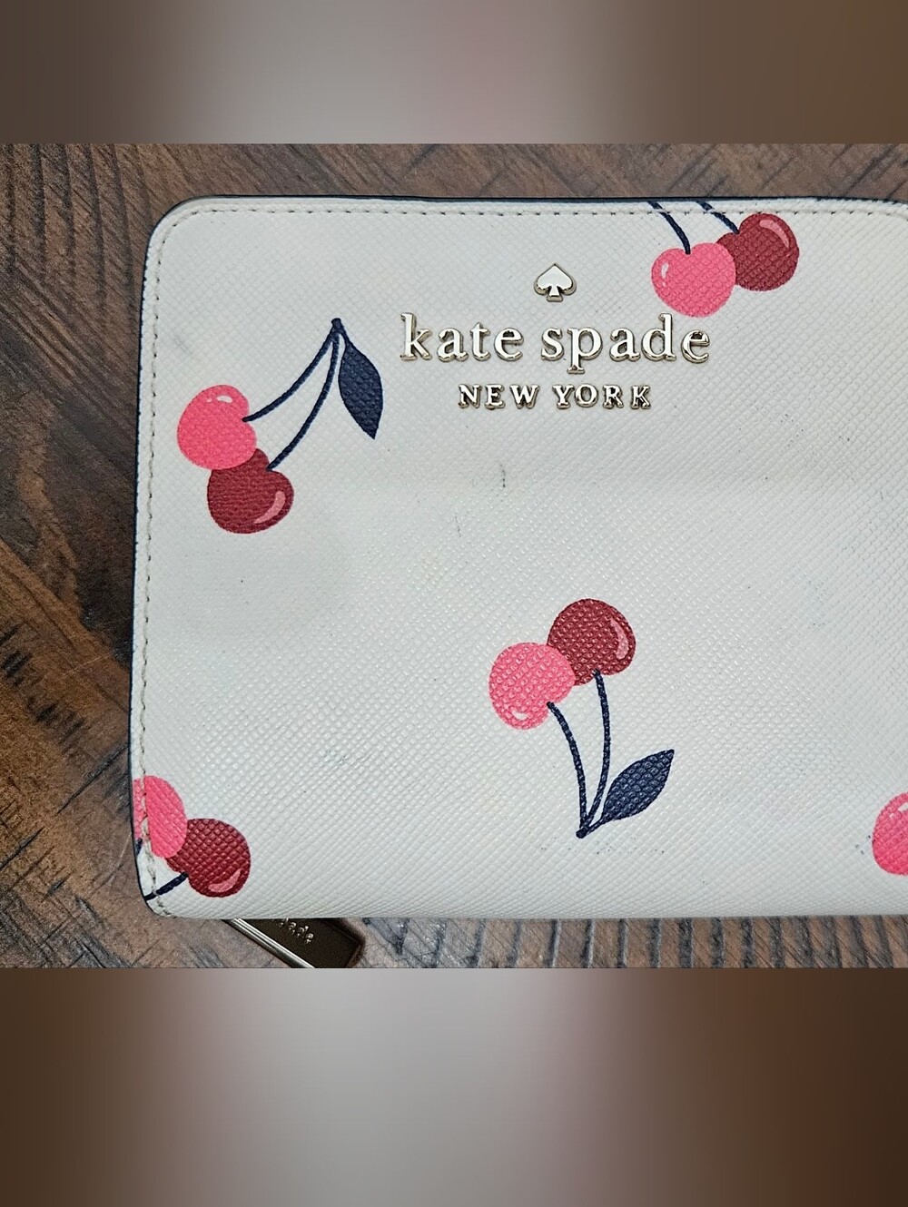 kate spade White Cherry Print Zip Around Wallet with Pink & Red Accents